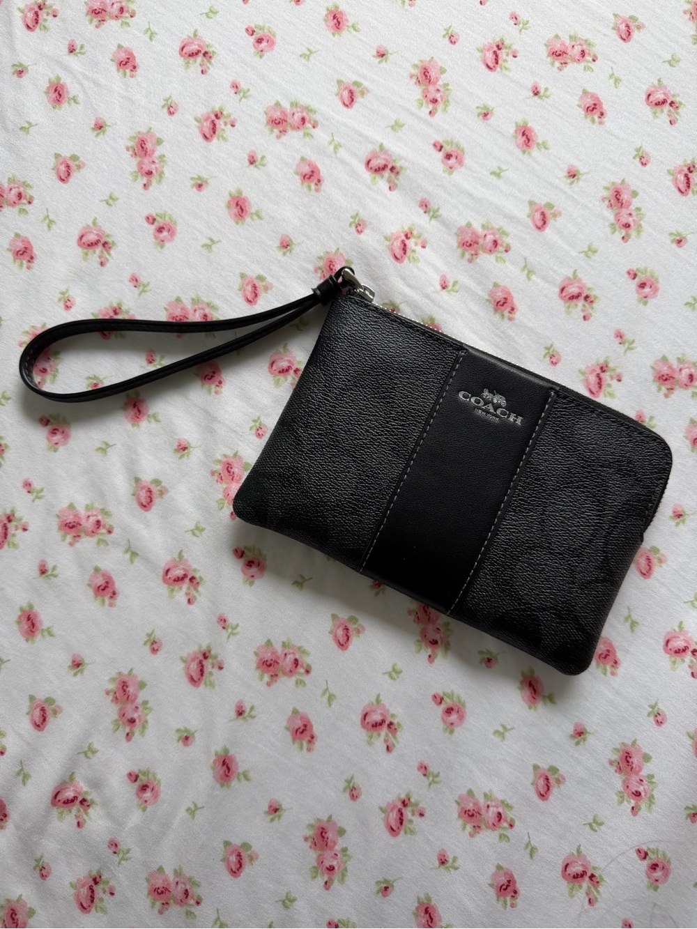 Coach Black Leather Signature Wristlet with Center Stripe